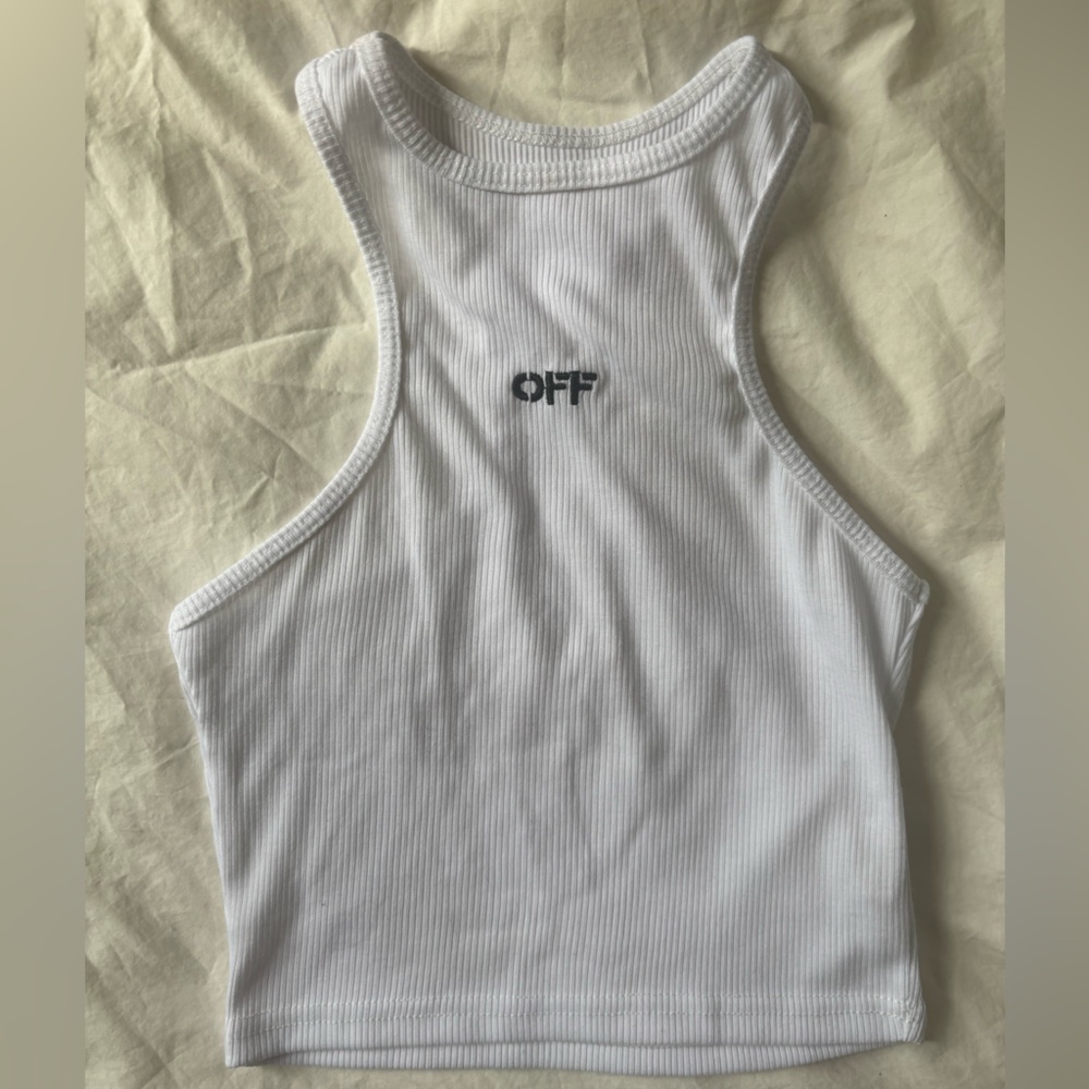“OFF” Ribbed Racerback Crop Tank White